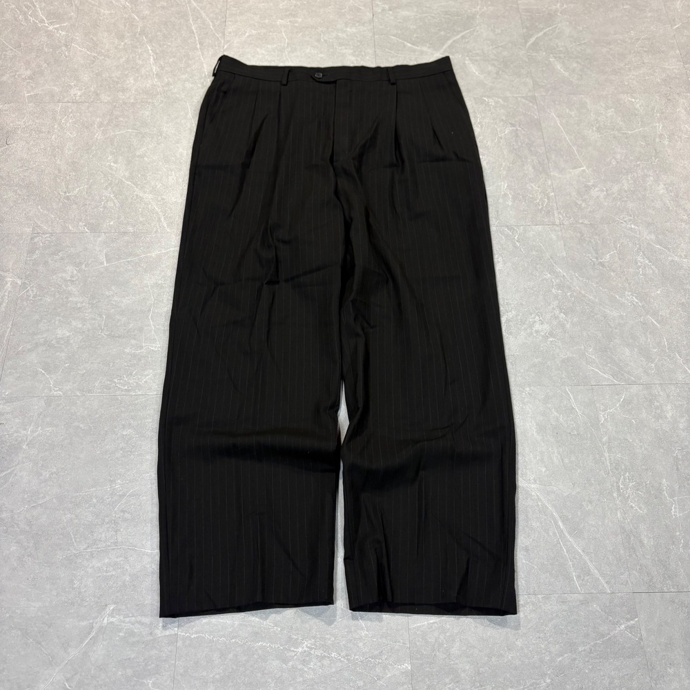 Haggar Mens 38x32 Black Pinstripe 100% Worsted Wool Pleated Dress Pants 614601